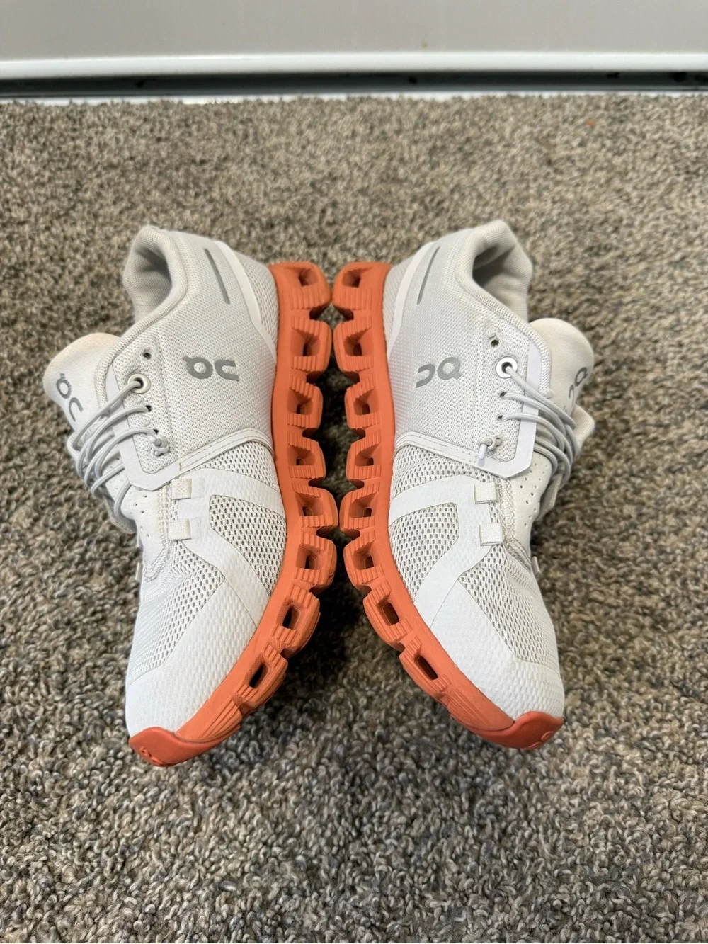 On Running Women's White and Coral Cloudsurfer Running Shoes - Picture 3 of 6